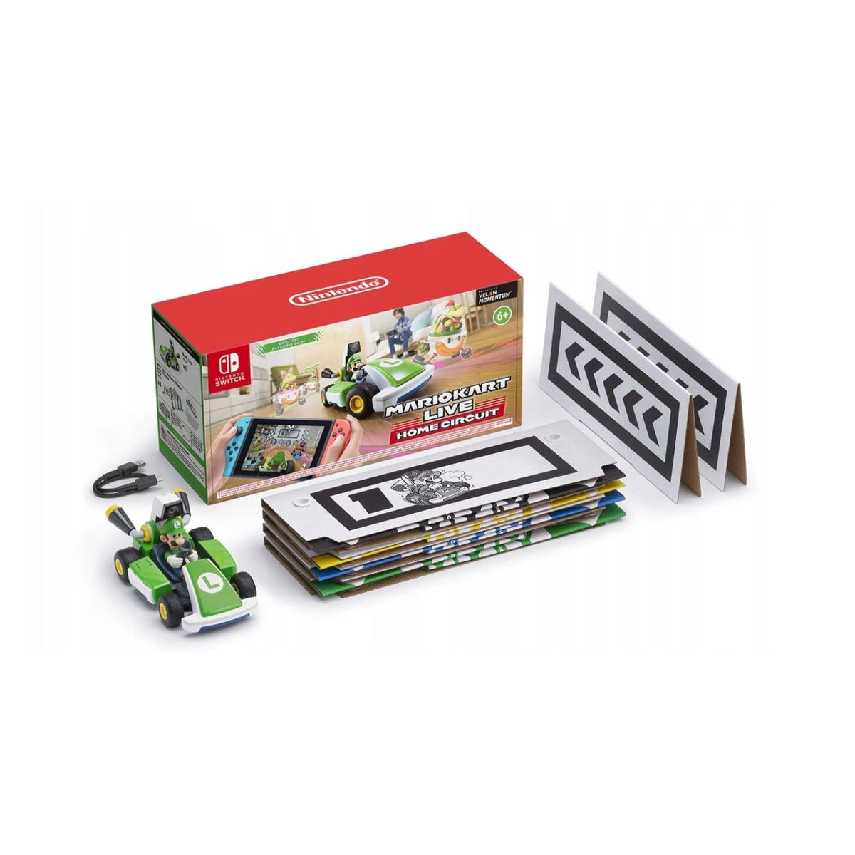 Mario Kart Live Home Circuit Luigi Set — gokart Luigi, opakowanie, bramki i kabel