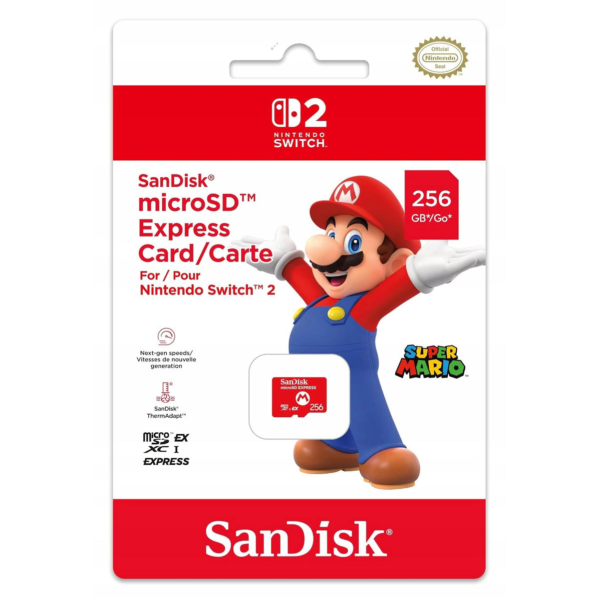 SanDisk microSD Express 256 GB Nintendo Switch 2 - opakowanie i karta pamięci